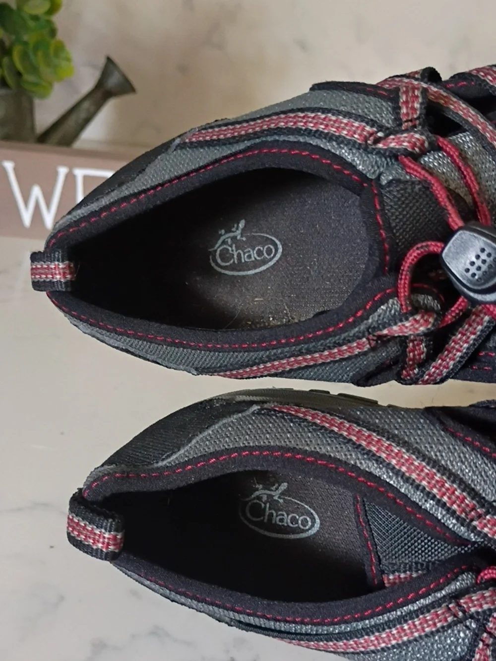 Chaco Kids Gray and Black Water Shoes with Red Laces